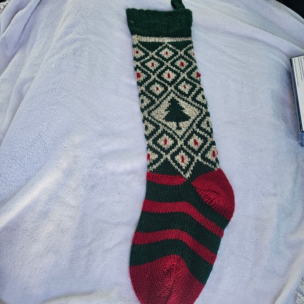 Vintage Handmade Knit Christmas Stocking Fair Isle Tree Pattern Green Red Cream